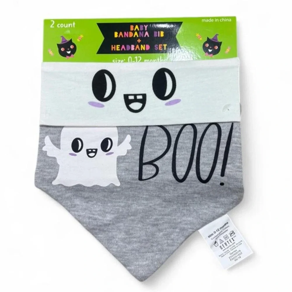 Halloween Baby Bib & Headband Set Kawaii 0-12M set of 2 ghost & Frankenstein